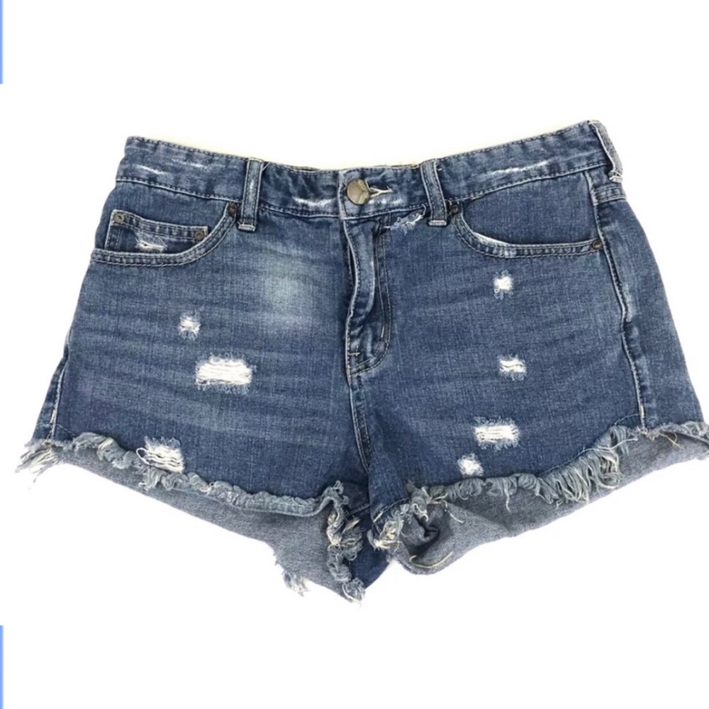 Free People Distressed Dark Blue Denim Jean Shorts